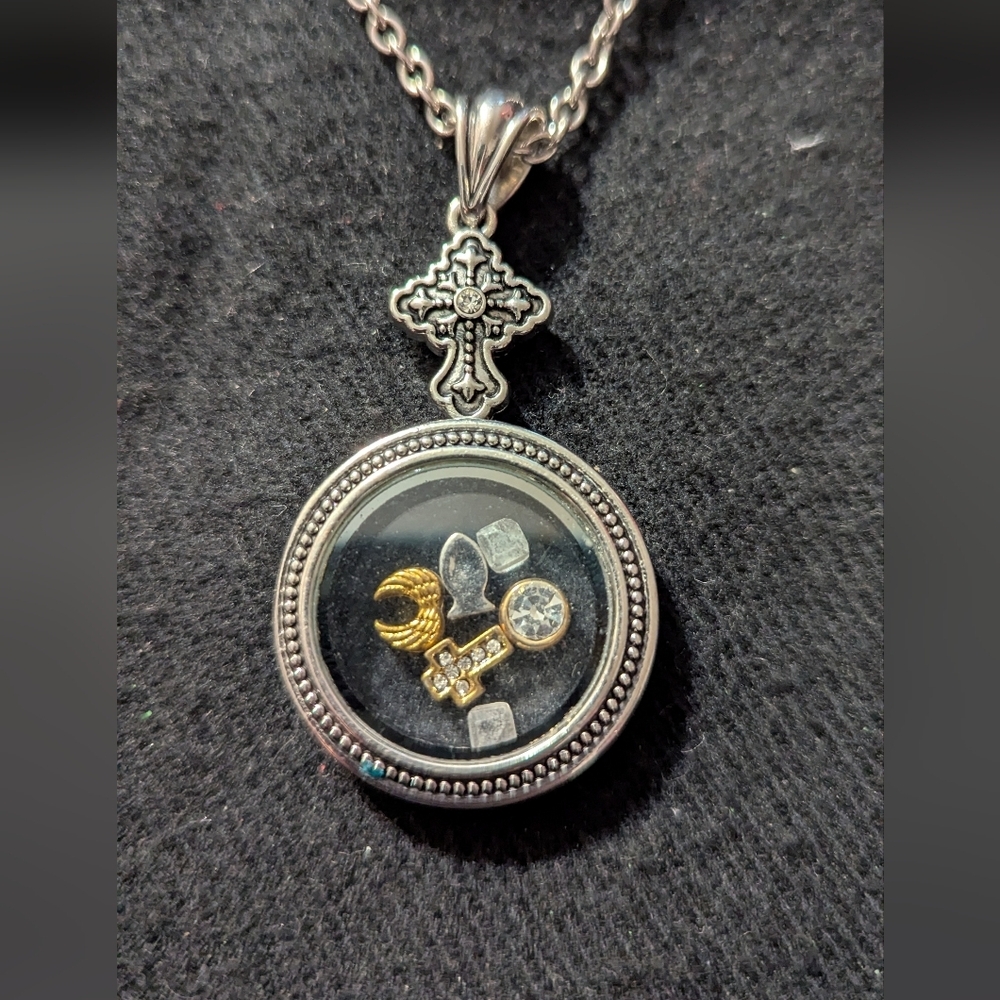 Silver Tone Cross Floating Locket Pendant Statement Necklace With Charms